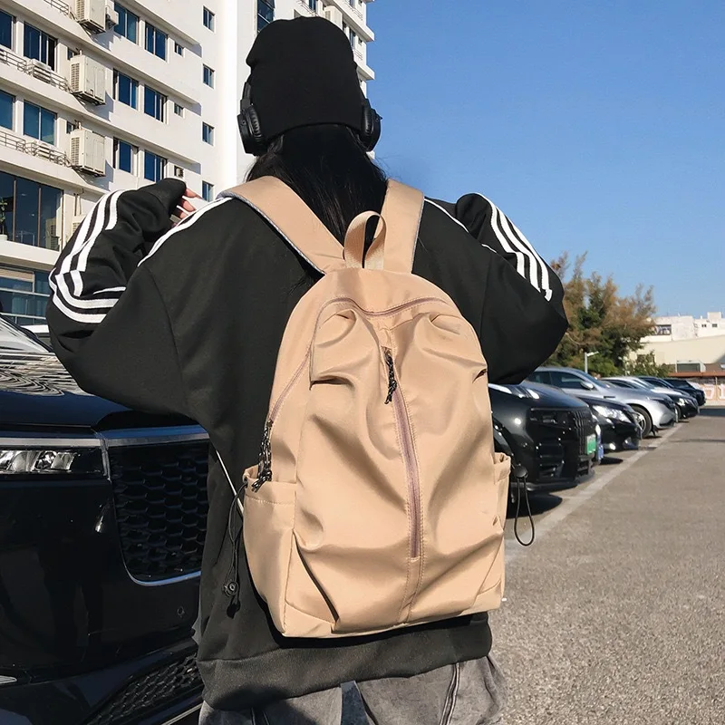 Lightweight Backpack for Women Men, Ruched Front Zipper, Side Drawstring Pockets, Large Capacity Casual Soft Daypack for School