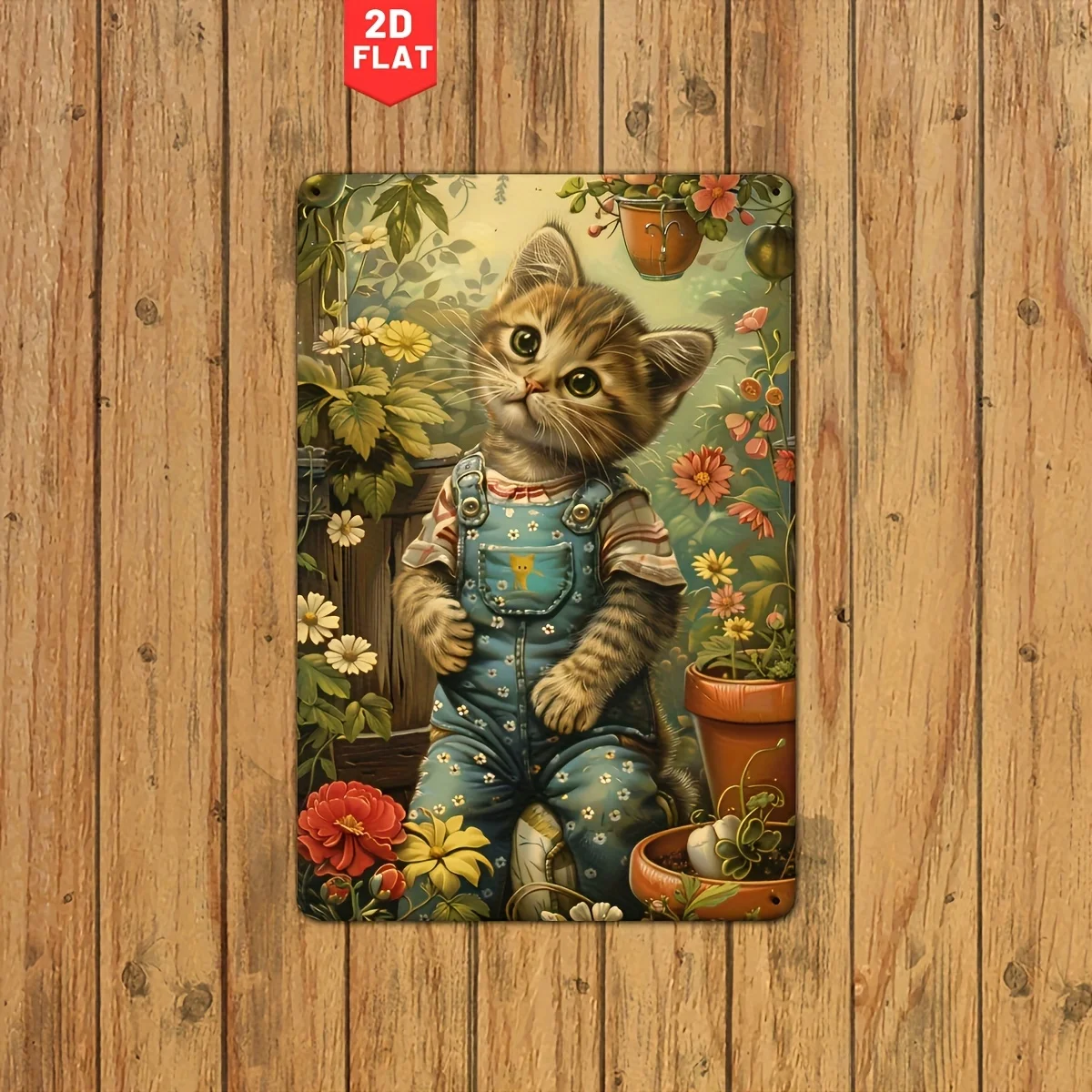 2D Flat Creative Gardening Little Cat Retro Metal Tin Sign, Suitable for Gym, Bar, Café, Garage Iron Painting, Restaurant Home F