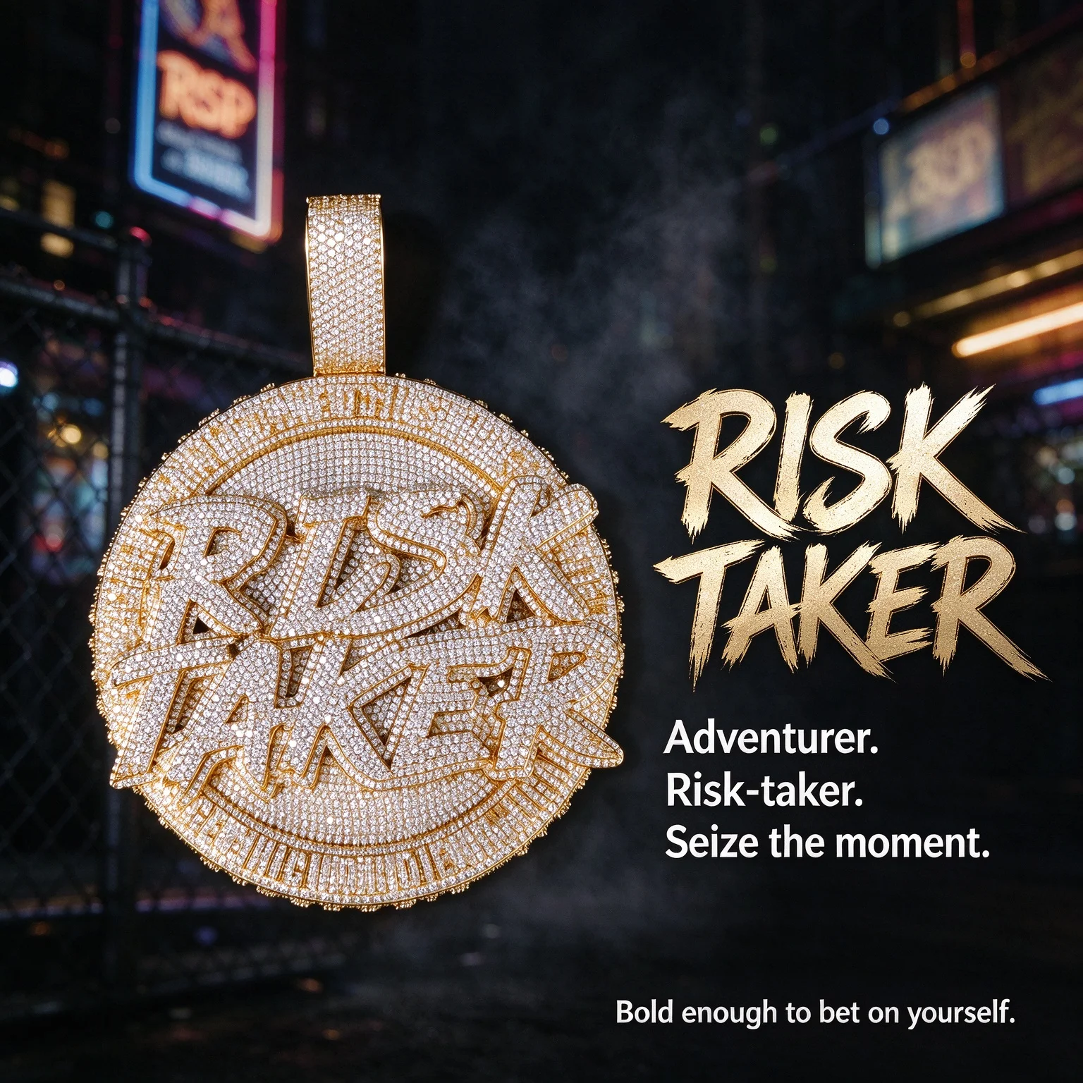 Iced Out Risk Taker Circular Pendant Fully Micro Paved CZ 18K Gold Plated Bold 3D Letter Round Medallion Hip Hop Statement Jewelry For Men Streetwear Rap Bling Charm Necklace Rapper Party Stage Club Accessory Fine Jewelry Gifts For Male Women Boy Friends