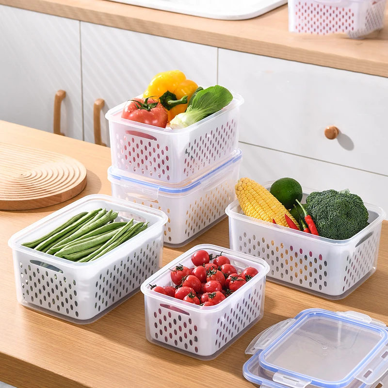 

Refrigerator Storage Box Fridge Organizer Fresh Vegetable Fruit Boxes Drain Basket Storage Containers Pantry Kitchen Organizer b