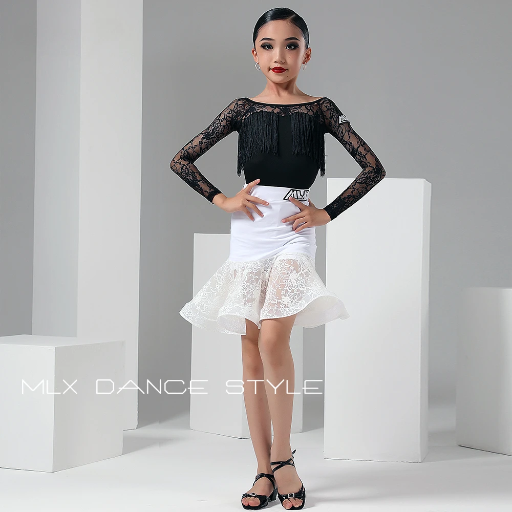 Vestido de baile latino de retales de encaje para niños, Ropa de baile de Rumba, Samba, Salsa, Tops, falda, disfraces de baile de escenario Latino para niñas