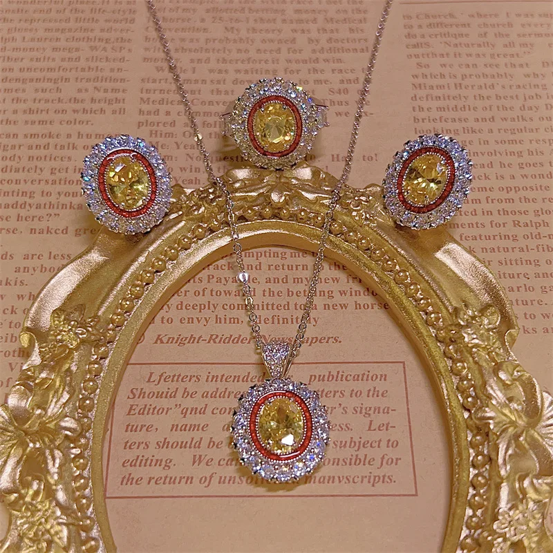 

Комплекты украшений из оранжево-желтого драгоценного камня в дворцовом стиле в стиле ретро, изысканные и модные овальные серьги из серебра 925 пробы для женщин, кольцо, ожерелье