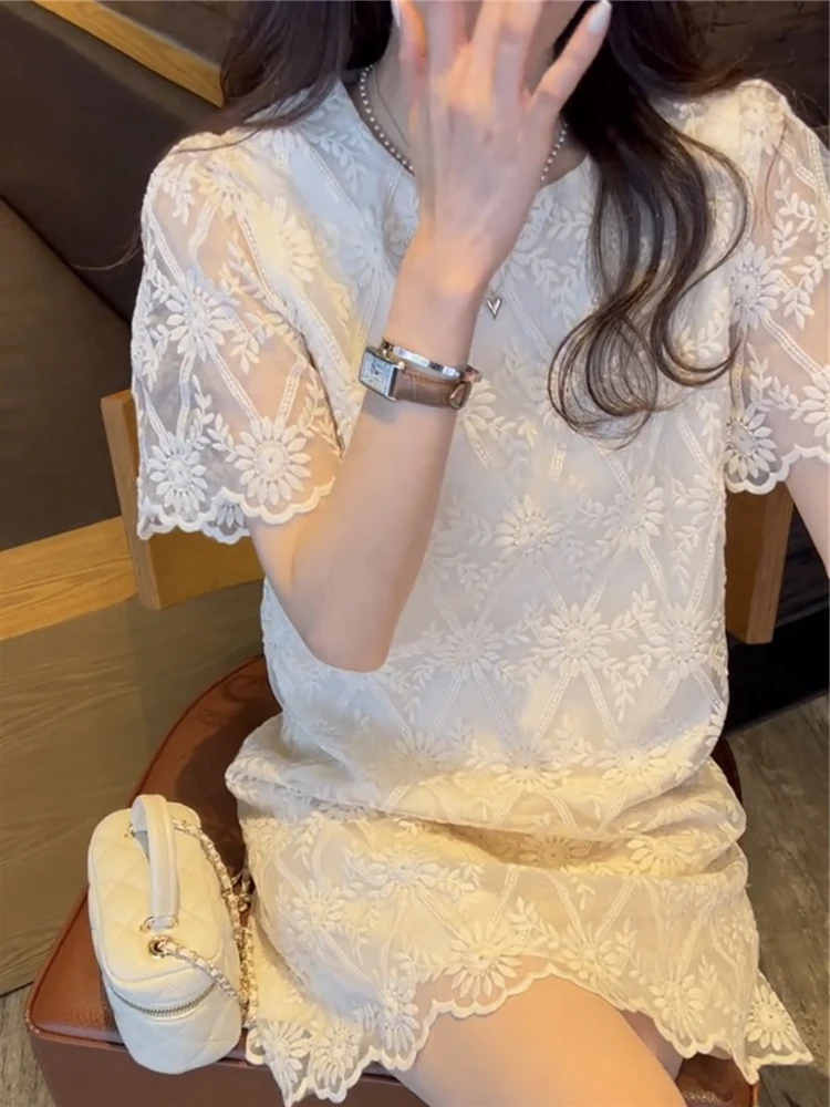 エレガントなレース刺繍サマードレス女性のミニ痩身妖精プリンセススカート通勤韓国スタイルハイウエスト半袖