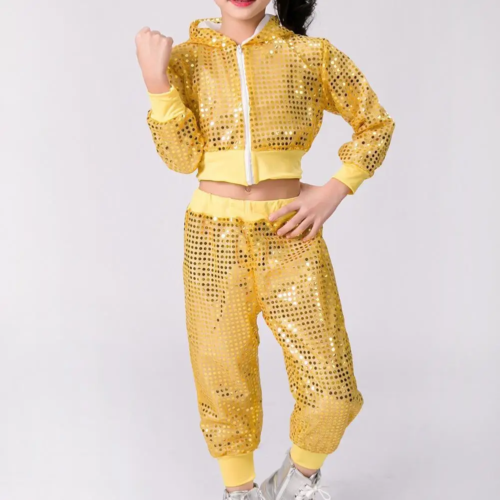 Children Hooded Jacket Pants Set Sequin Coat Pants Children Two-piece Suit Zipper Long Sleeves Hip Hop Jazz Kids Dance Costume