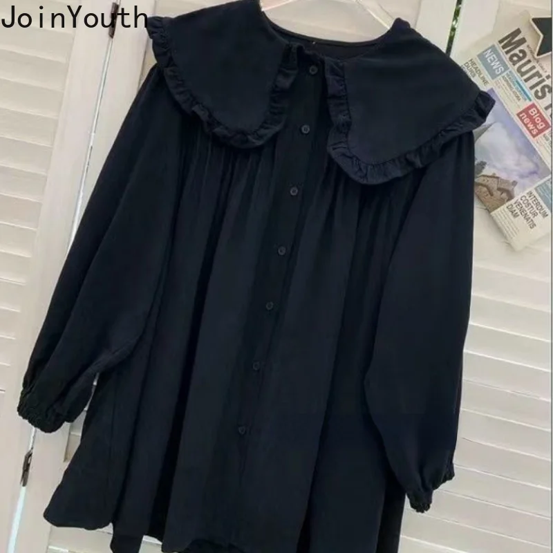 Dresses for Women Ruffles Peter Pan Collar Long Sleeve Oversized Robe Femme A-line Sweet Shirt Dress 2023 Vestidos De Mujer