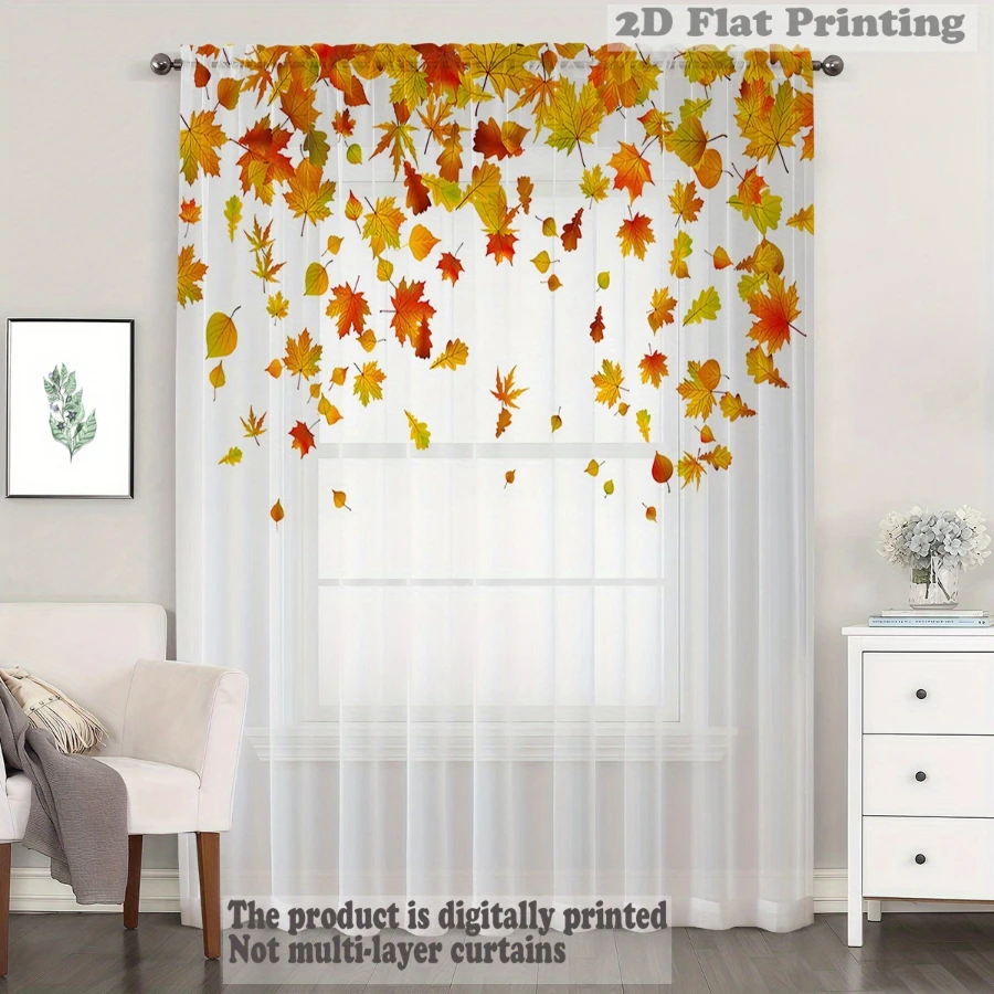 1pc Autumn Maple Leaf Sheer Curtain, Fall Leaves Light Filter Voile Tulle Drape, Seasonal Window Decor for Bedroom Indoor Home