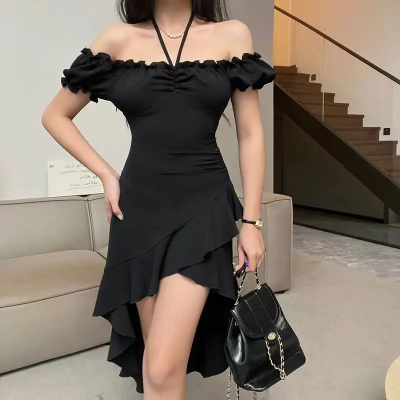 Black Midi Dress Women Irregular Slash Neck Backless Streetwear Temper Vestidos Sexy European Trendy Summer Clothes Lady Vintage