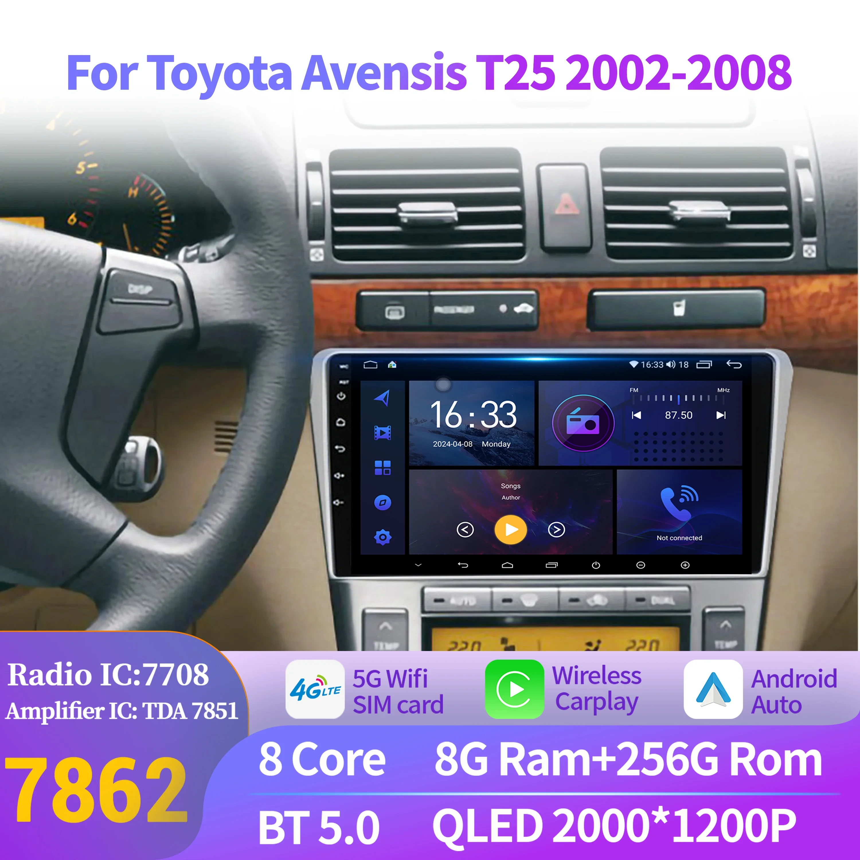 

Автомобильный радиоприемник мультимедиа для Toyota Avensis T25 2002-2008 Android 14, навигационный мультимедийный беспроводной BT Carplay 7862 2K QLED экран