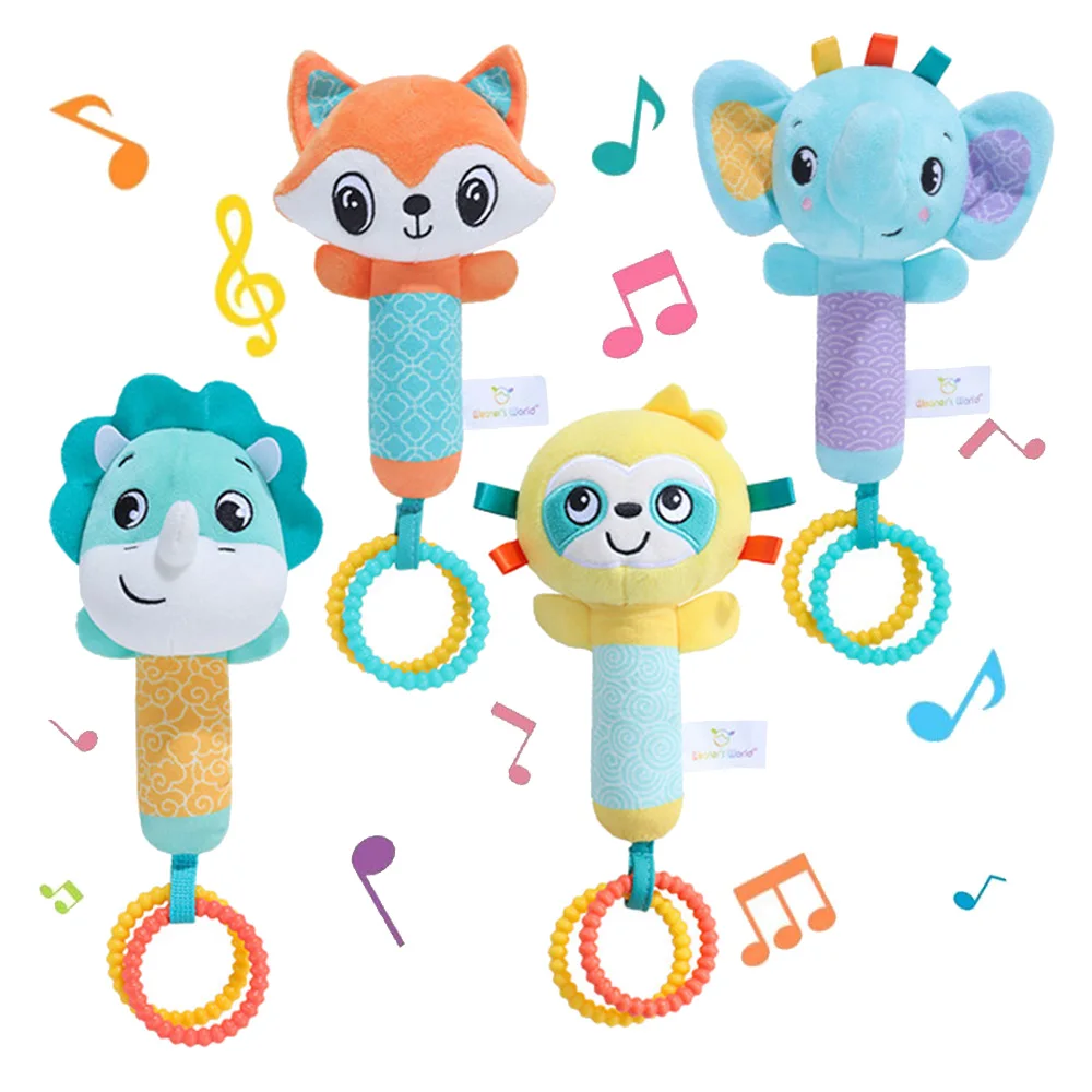 Baby Rasseln Weiche Handkurbel Spielzeug Cartoon Tier mit BB Anruf Stimme Plüsch Spielzeug Quietschende Sensorische Reise Zubehör für Kleinkind