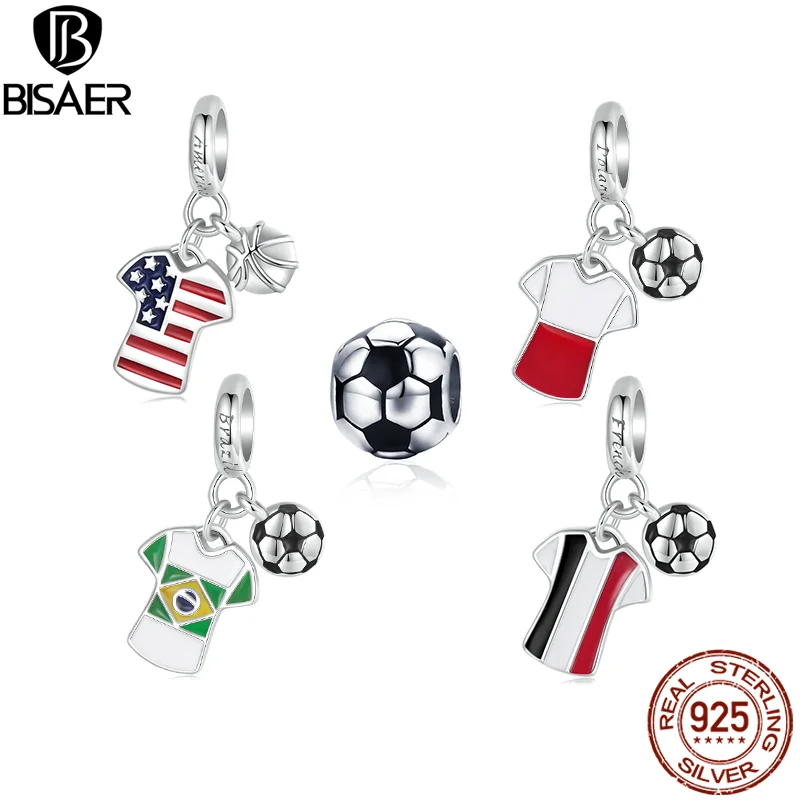 BISAER 925 Sterling Silver Football Jersey Pendant Enamel Process Ball Charm Bead Fit Woman DIY Bracelet & Necklace Fine Jewelry