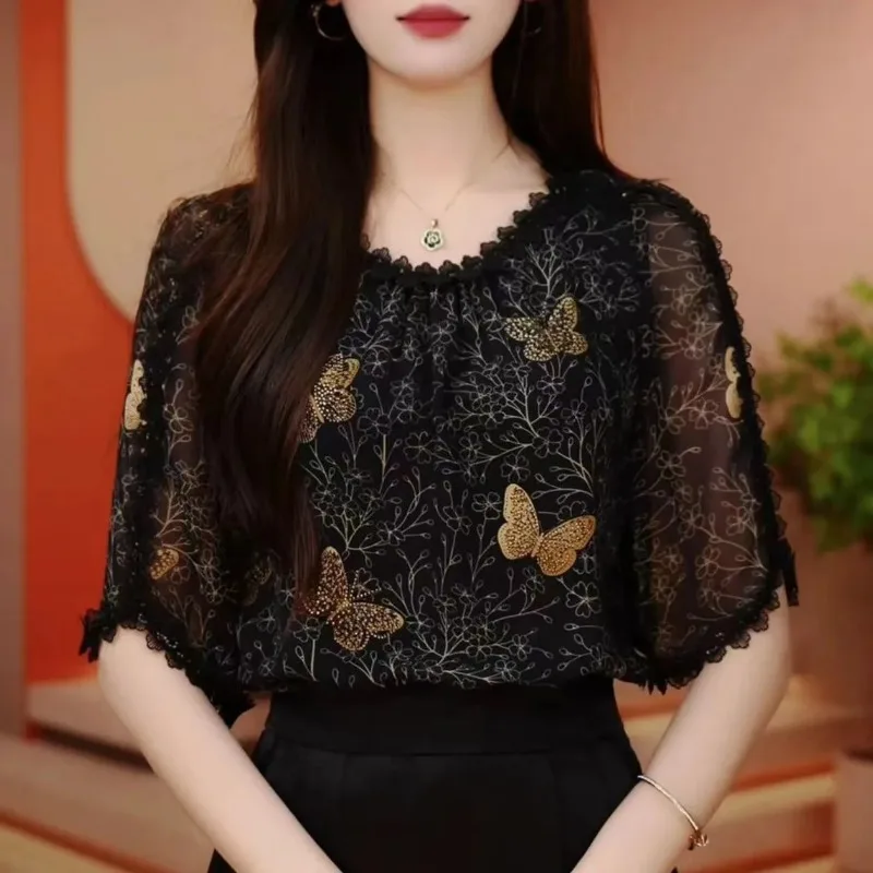 

Women Summer Elegant Temperament O-neck Short Sleeve Shirts Ladies Fashion Printing Loose Office Lady All-match Casual Tops