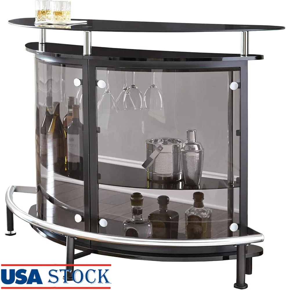 

Modern Bar Table with Tempered Glass Shelves and Stemware Rack Footrest Demilune Design Metal Base Levelers Dining Room Pub