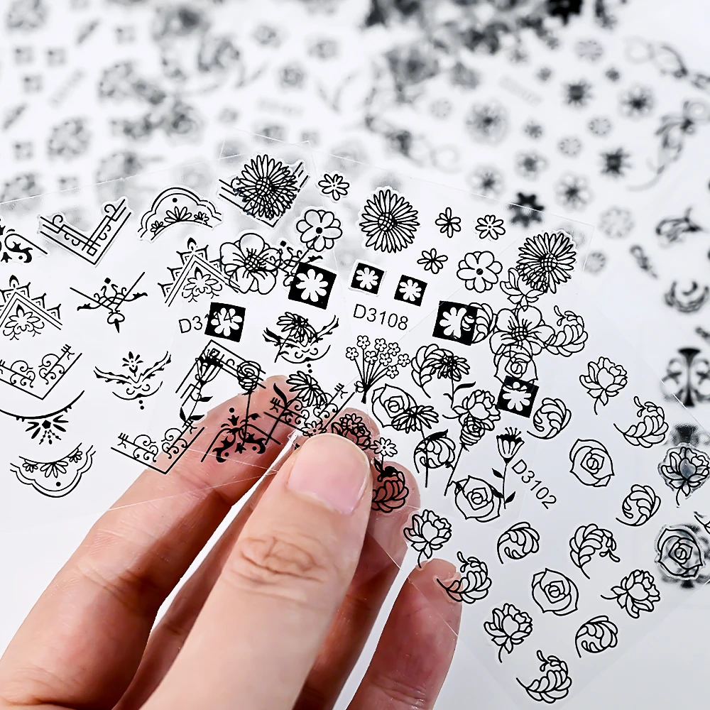 30Pcs/set Black Lace Retro Flower Nail Art Stickers 3D Vine Leaf Floral Nail Decals Self Adhesive Black Flowers Nail Decoration