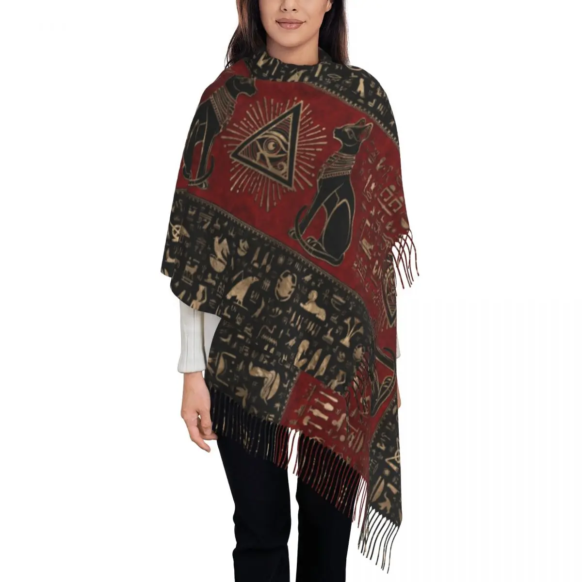 

Egyptian Cats And Eye Of Horus Scarf Wrap for Women Long Winter Warm Tassel Shawl Unisex Egypt Hieroglyphic Scarves