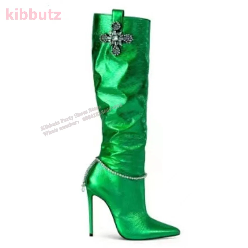 Crystal Pointed Toe Thin Heel Knee-High Boots Bling Glossy Rhinestone Chain Side Zipper Leather Sexy Luxury Super High Shoes New