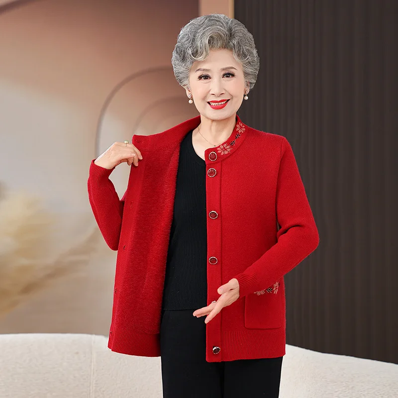 Add Velvet Keep Warm Sweater Women Knitted Cardigan Coats Autumn Winter Middle Age Mother Knitwear Tops Thick Grandma Clothes