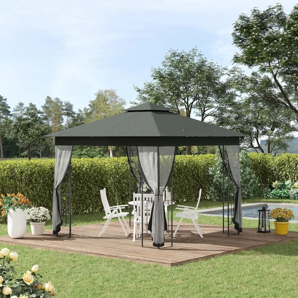 

10' x 10' Metal Patio Gazebo, Double Roof Outdoor Gazebo Canopy Shelter with Tree Motifs Corner Frame and Netting, Customized