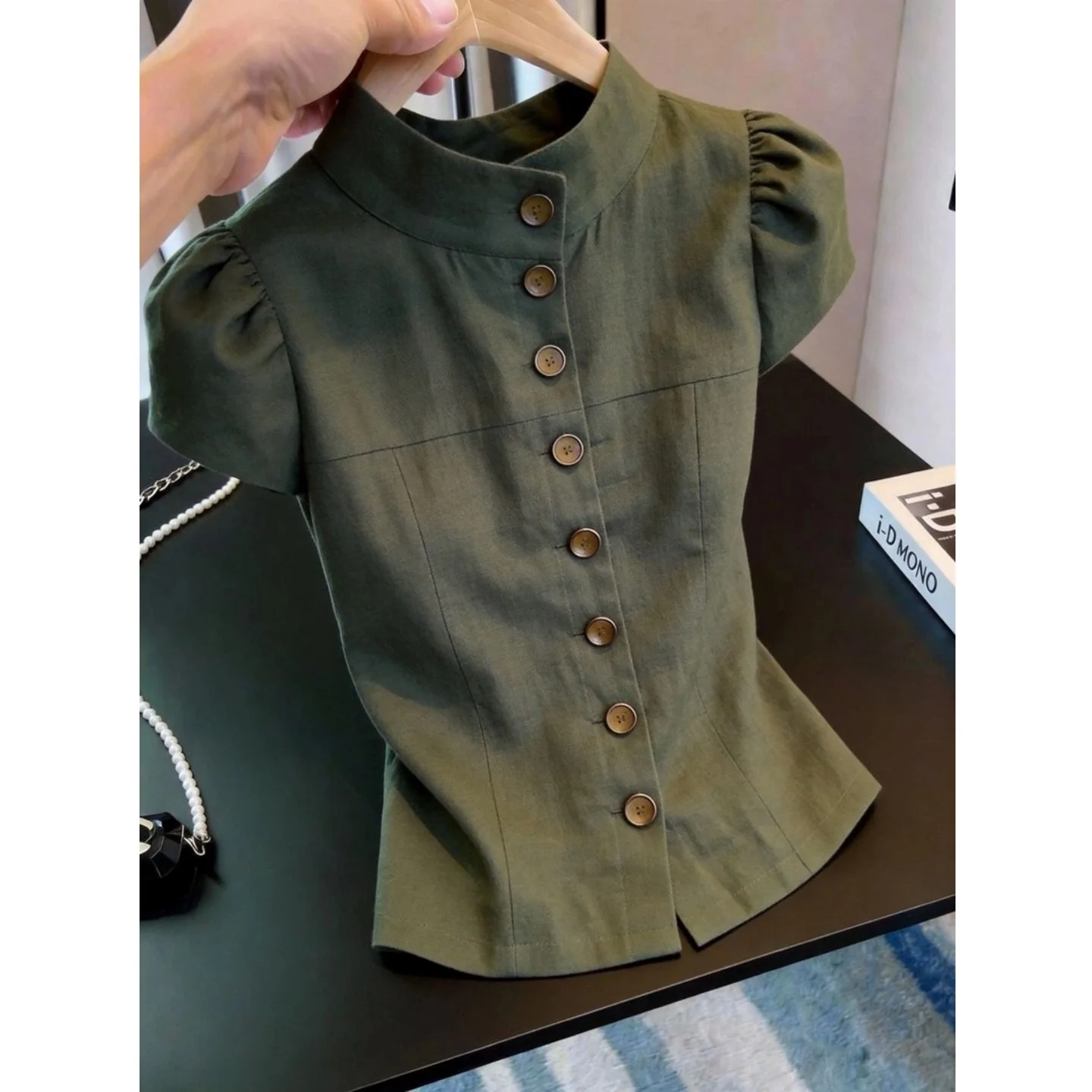 

Retro Style Bubble Sleeve Shirt Women's Summer New Fashion Upper Body Cool Feeling Polyester Fiber Short Sleeve Shirt