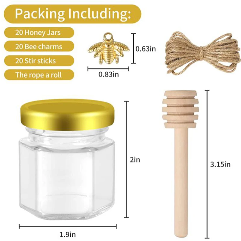 1.5oz Hexagon Mini Glass Jars with Wood Dippers Gold Lids Bee Pendants&Jute Twine Honey Jars Perfect for Baby Shower Wedding