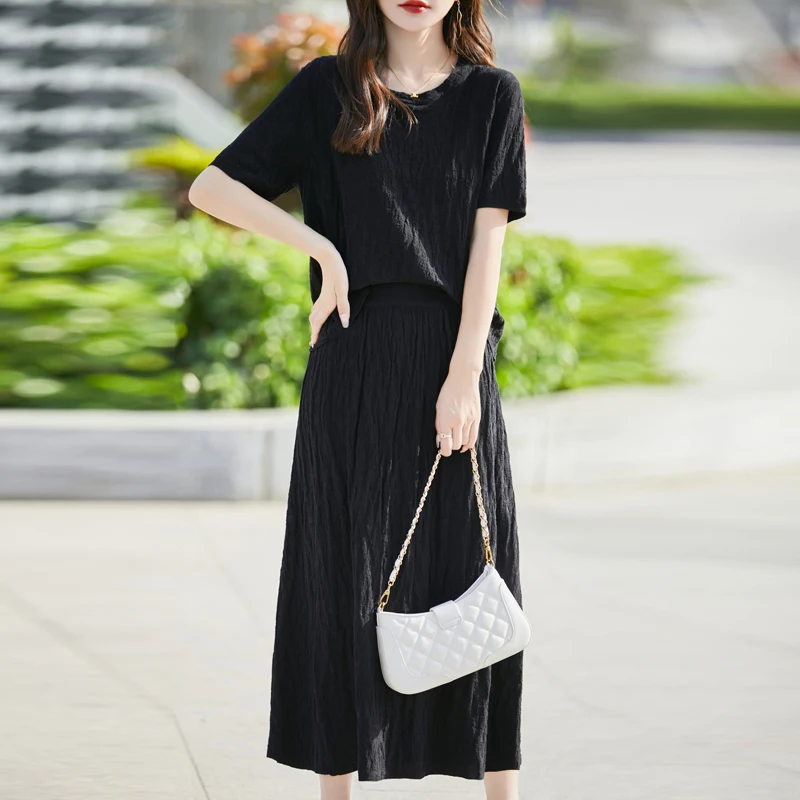 Summer New Women's Dress Set Round Neck French Style Short Sleeve Exquisite Fashionable Textured Long Dress Viscose Set