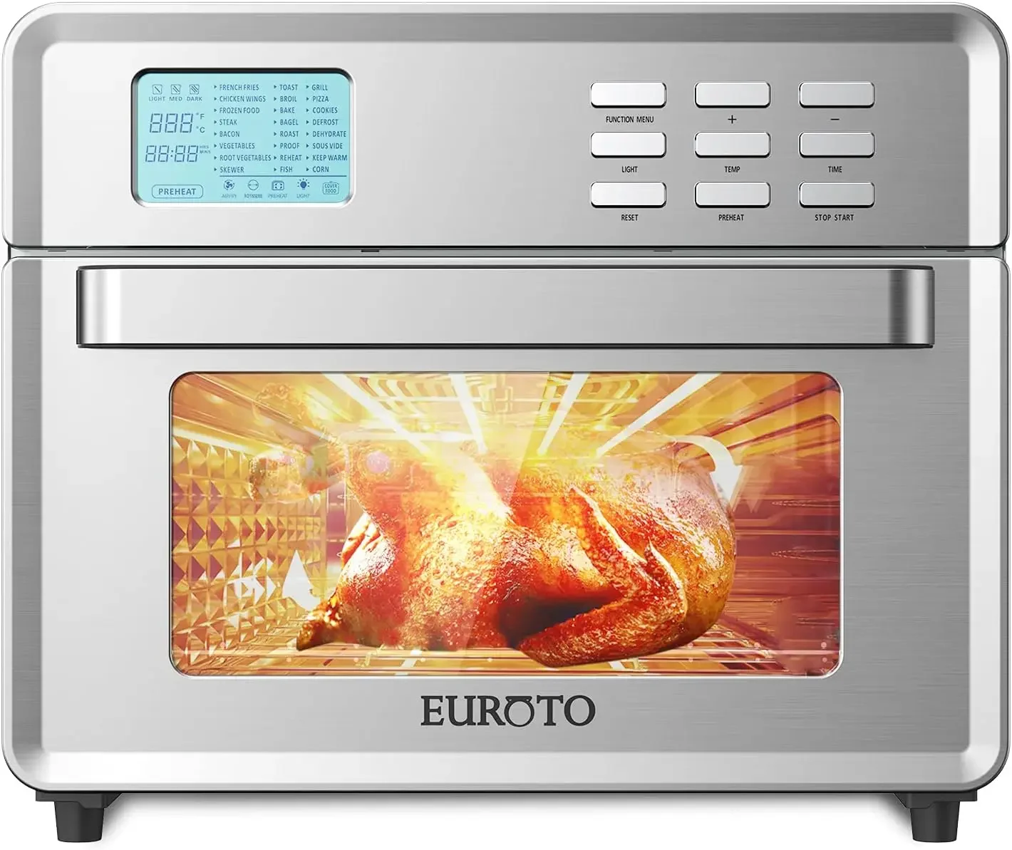 Stainless Steel Large Capacity 26.8 QT Air Fryer Oven, 24 in 1 Multi-function, 360 Air Circulation Toaster Oven, LCD digi