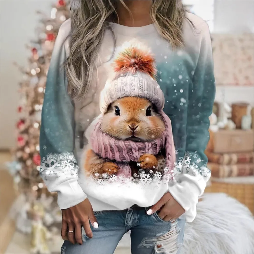 Nouveau 3D numérique imprimé lapin de noël mignon col rond pull à manches longues vêtements de sport décontracté ample sweats haut Femenino