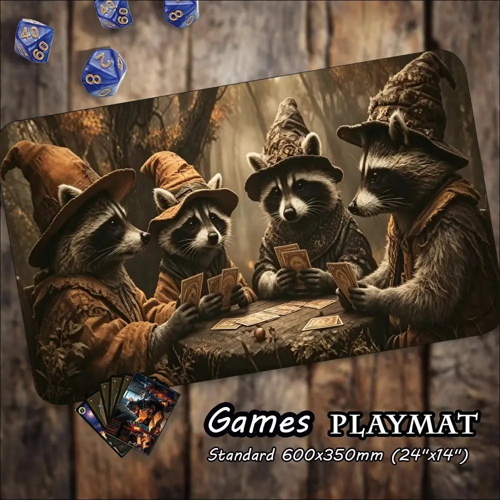 Vintage Raccoon Wizards Around Table Playmat Large TCG Gaming Desk Mat Extended Mouse Pad for Whimsical Fantasy Story Tales
