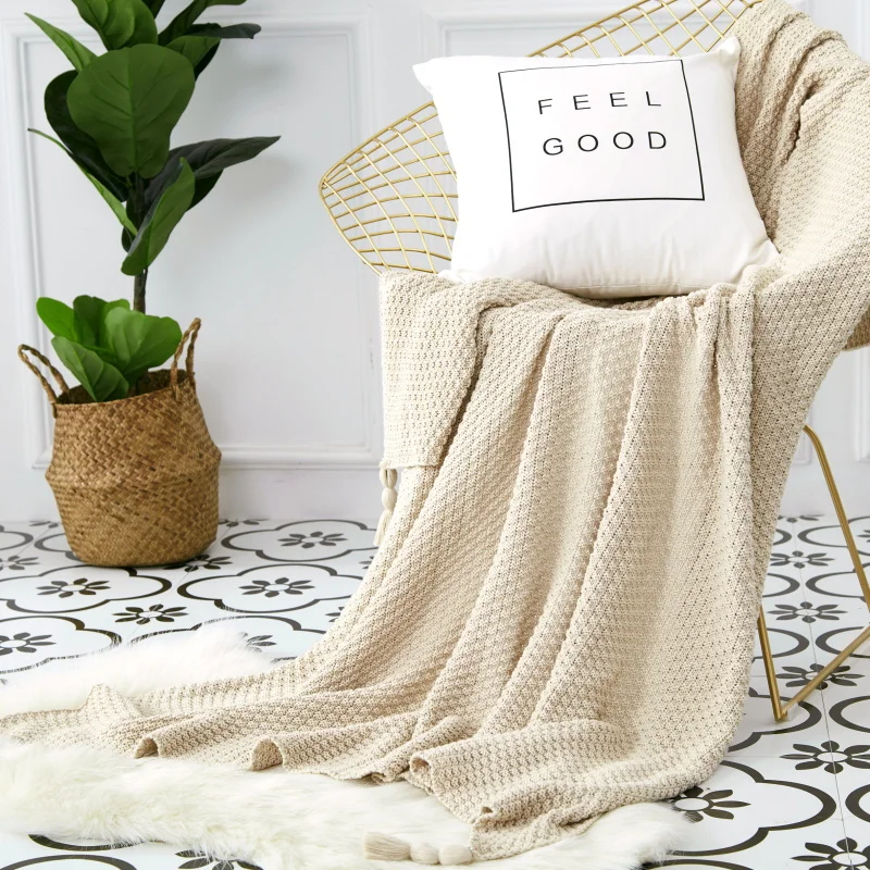 

Nordic Style Pure Cotton Knitted Blanket Pineapple Pattern 3D Knitted Spring Autumn Sofa Tassel Full Cotton Blanket