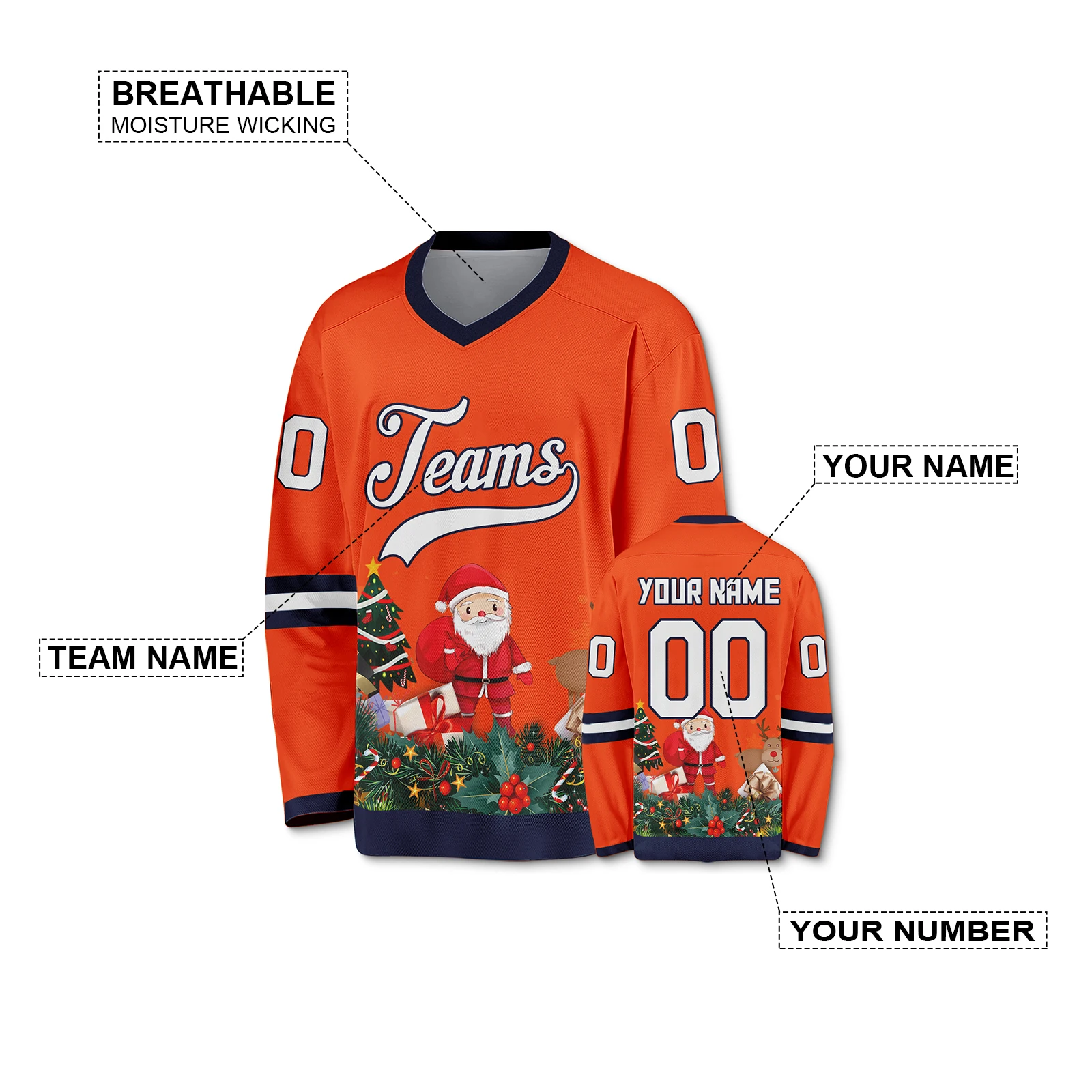 Custom Ice Hockey Jersey Orange-Navy Christmas Hockey Shirt Personalized Team Name Number Uniform for Men Women Youth Kids