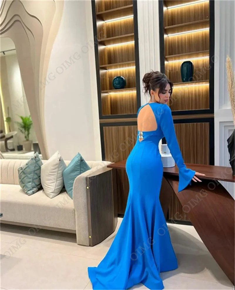 OIMG-Vestidos de Noche plisados de sirena con mangas completas y espalda descubierta, vestido de fiesta Formal de Arabia Saudita, vestidos de novia para ocasiones, color azul, 2024