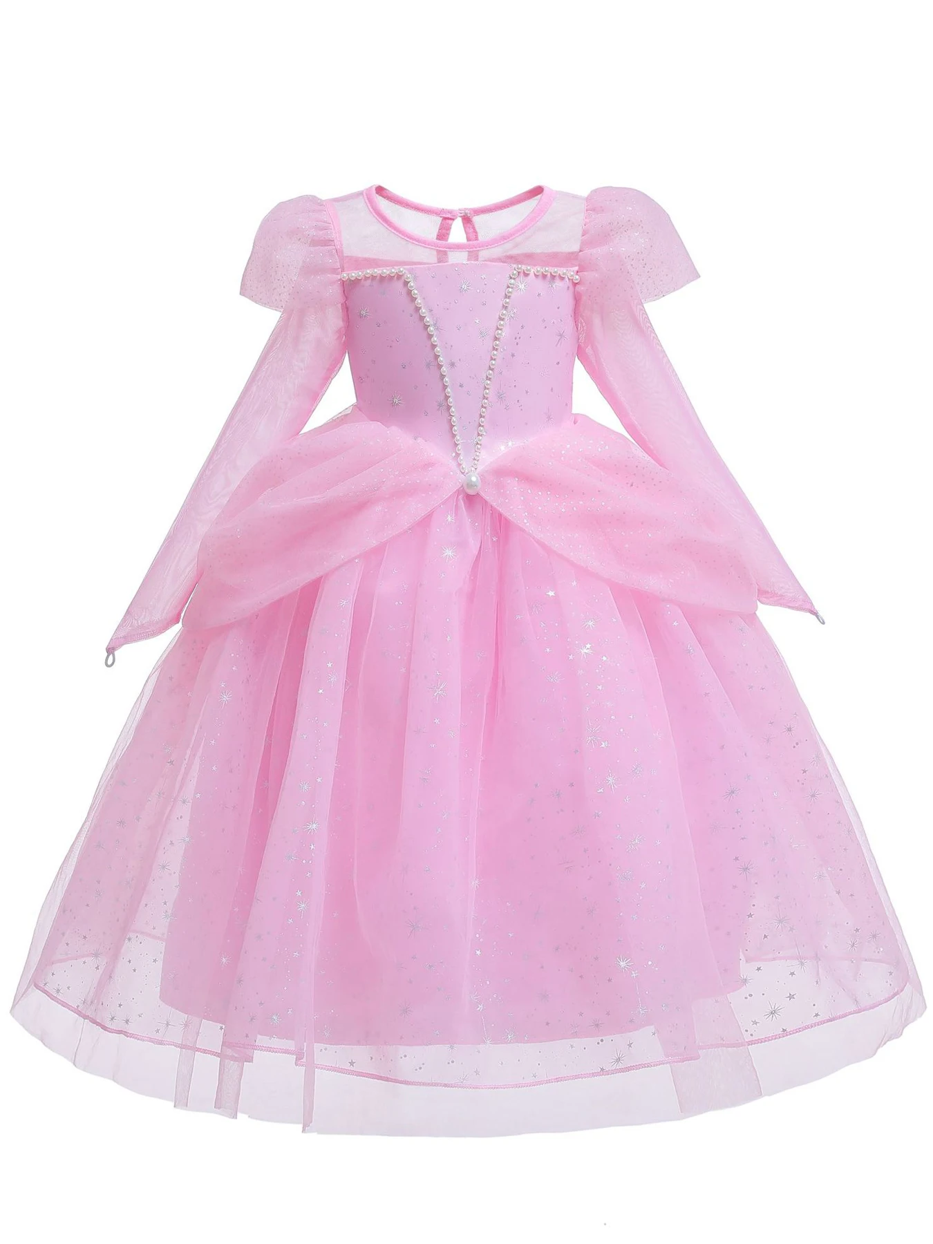 Pink Girls Long Sleeve Princess Dress with Faux Pearl Decoration and Round Neck, Suitable for Performance, Party and Gift Giving