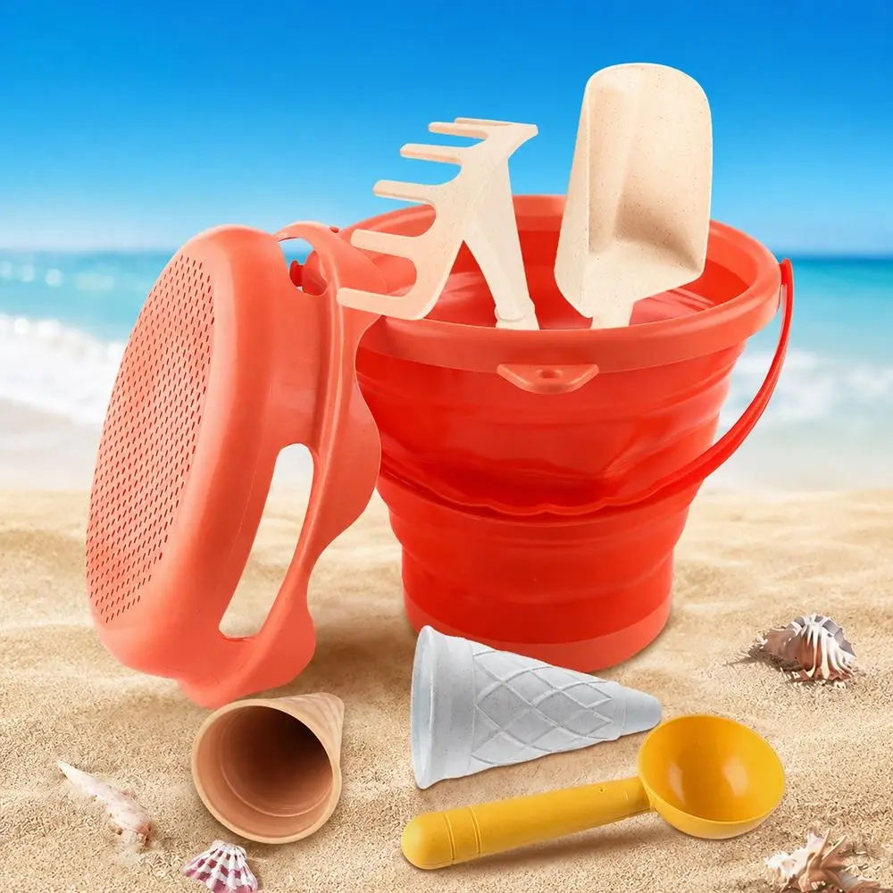 6PCS Creative Multicolor Beach Set Plastic Shovel and Rake Sand Play Set Thicked Collapsible Bucket Sand Bucket Kit For Unisex