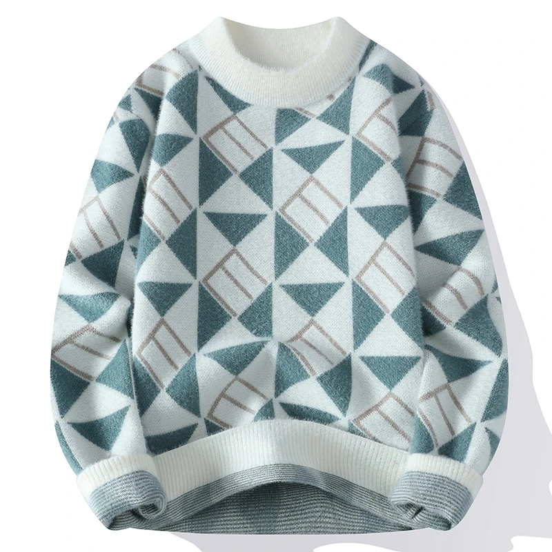 

Мужской вязаный свитер Thiened с высоким воротником, осенне-зимний, из искусственного меха норки, мягкий, теплый, модный, базовый, с геометрическим узором