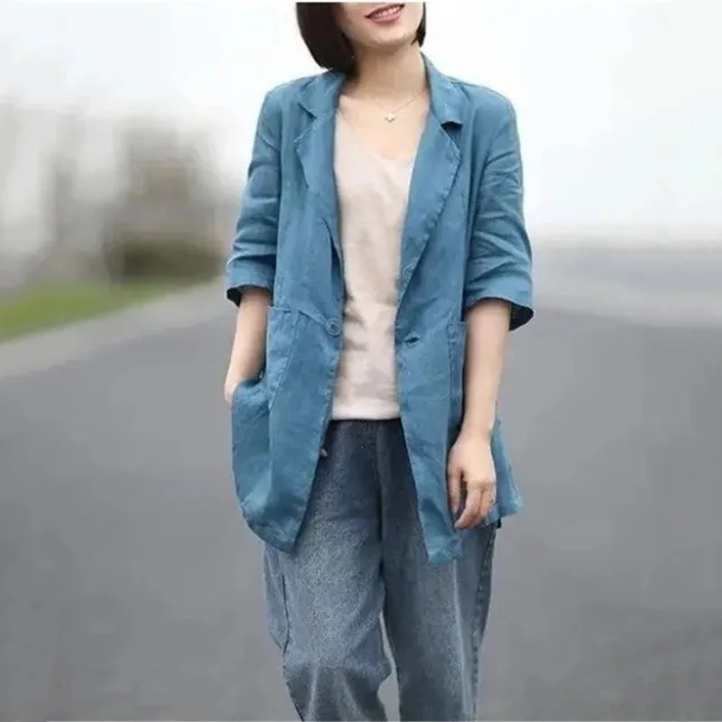 Retro Button Cotton Linen Suit Jacket Female 2024 New Women\'s Spring summer Autumn Casual Coat Tops Thin Fashion Suit Coat