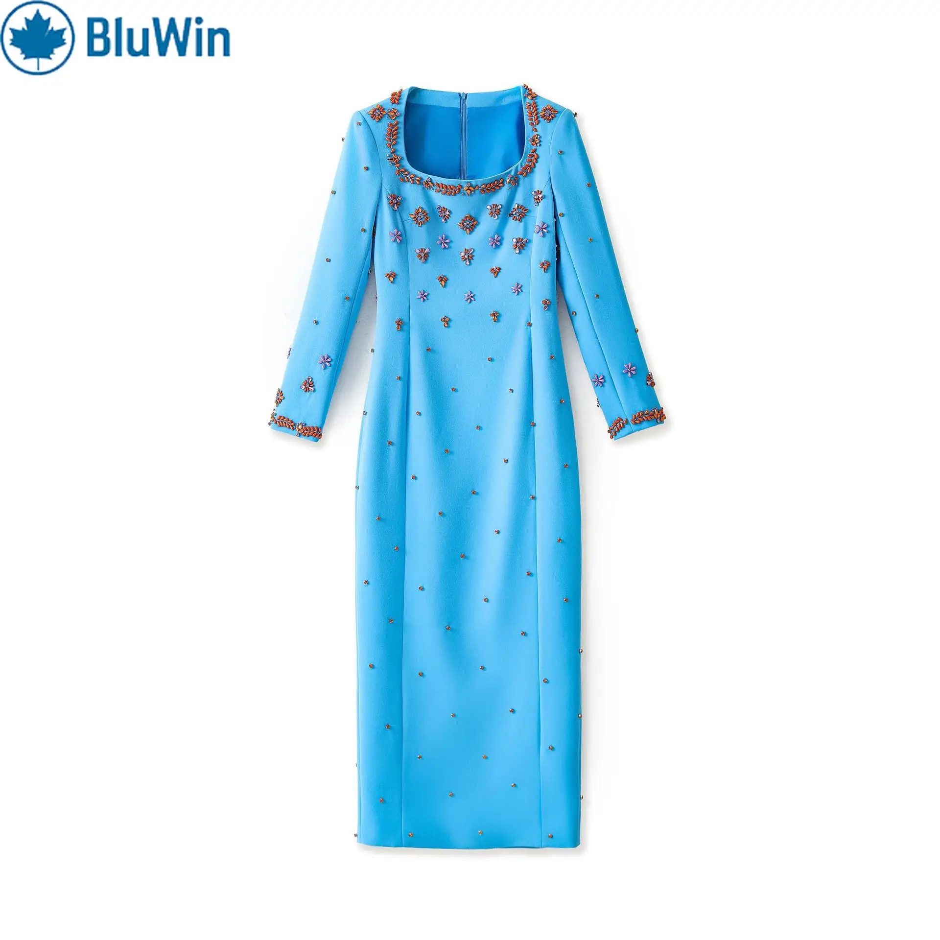 BluWin Light Blue Beaded Appliqué Midi Dress Women Square Neck Long Sleeve Slim Bodycon Elegant Cocktail/Evening Party
