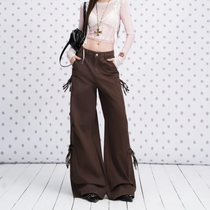 Brown Multi Pocket Wide Leg Cargo Jeans Women Y2K Streetwear High Waist Casual Denim Baggy Pants Casual Khaki