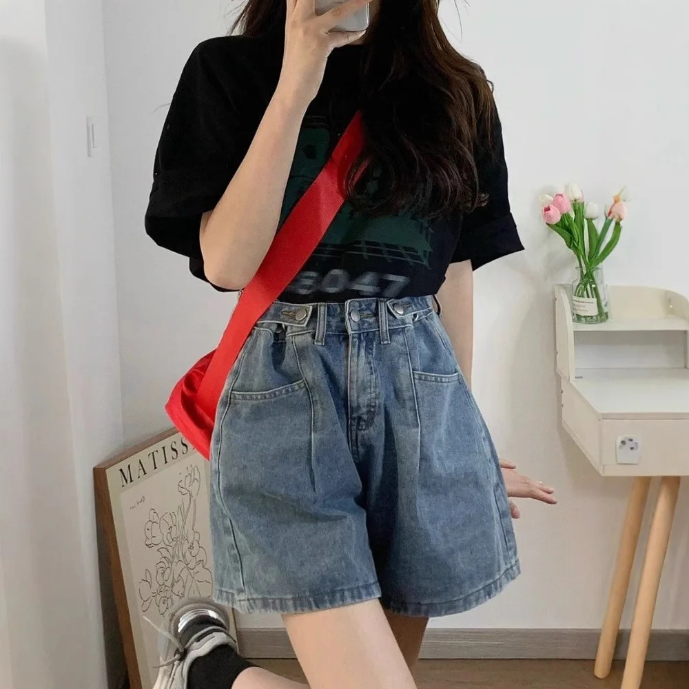 Women's High-Waisted Wide-Leg Denim Shorts, Loose Pleated Jean Shorts with Adjustable Waist, Casual Summer Streetwear