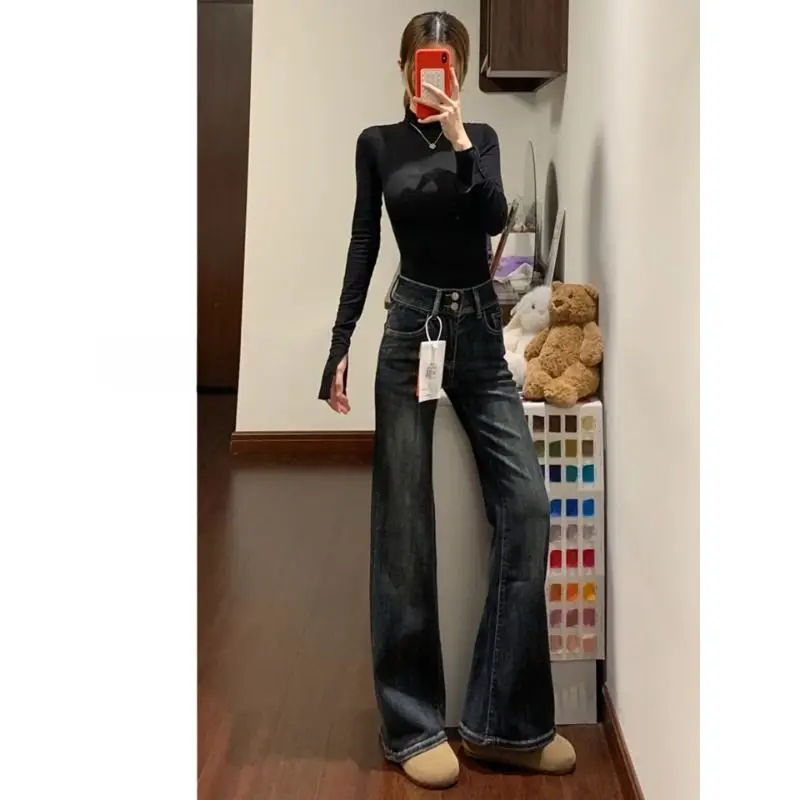 American Retro High Waist Bell Bottom Jeans Women's New Small Size Elastic Slimming Hoof Pants Casual Travel