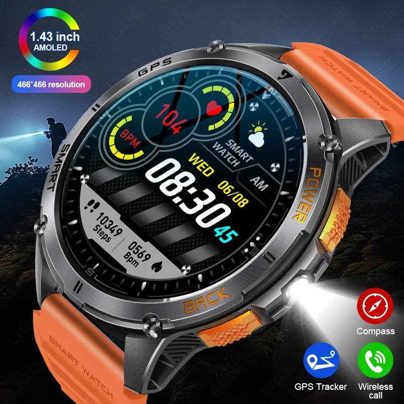 

LIGE New GPS Smart Watch Outdoor Altimeter Barometer 466*466 AMOLED Screen LED Flashlight Compass Military Sports Smartwatch Men