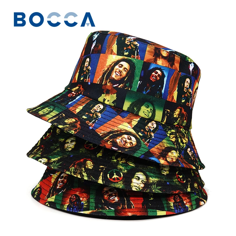 Bocca Bob Marley Printing Bucket Hat Rasta Style Pattern Fisherman Hat Jamaica Double Sides Panama Cap Outdoor Fashion New Style