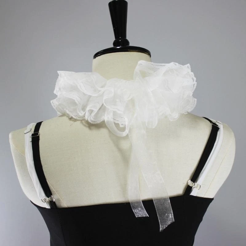 Q5WE Women Vintage Layered Ruffled Lace False Fake Collar Victorian Costume Neck Ruff Lace-Up Tulle Choker Cosplay
