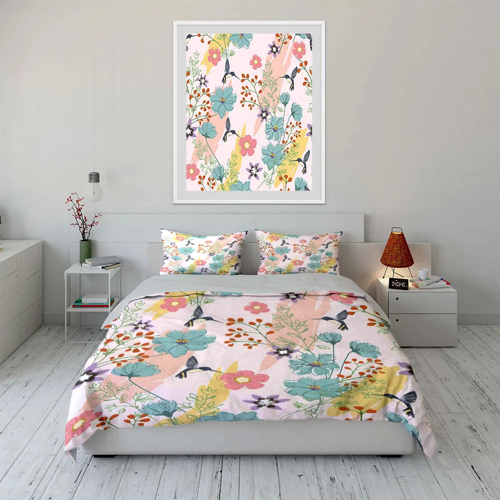 Colorful Flowers and Hummingbirds Pattern Print Soft Comfortable Duvet Cover Bedding Set Included 1*Duvet Cover  2*Pillowcases