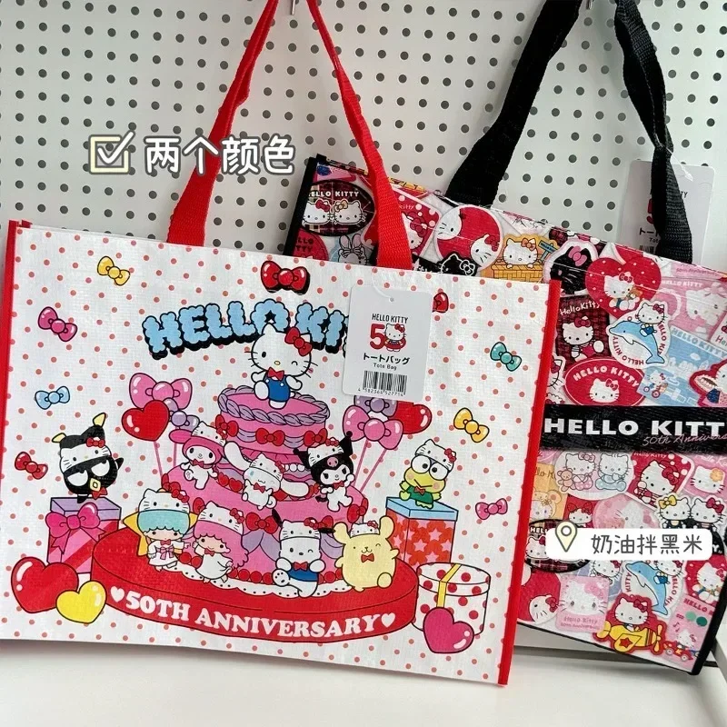 Anime Sanrios HelloKittys 50th Anniversary Cartoon Cute Hand Shopping Bag Kawaii Environmentally Friendly Plastic Woven Bag Gift