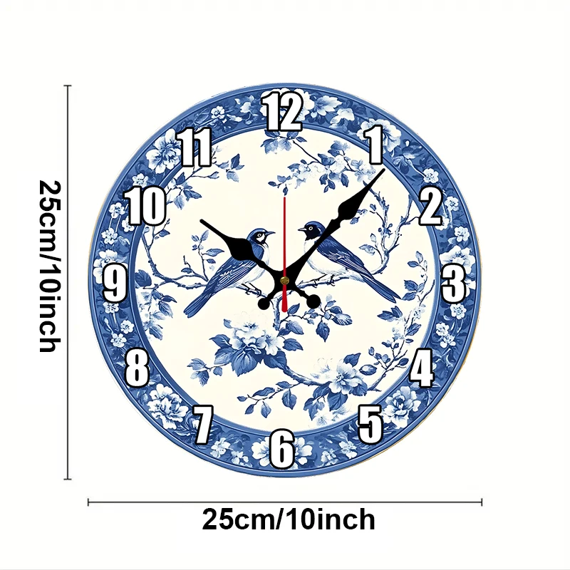 Blue Birds Floral Wooden Round Silent Hanging Wall Clock, Suitable For Living Room, Office, Study Room, Bedroom, Home Decoration