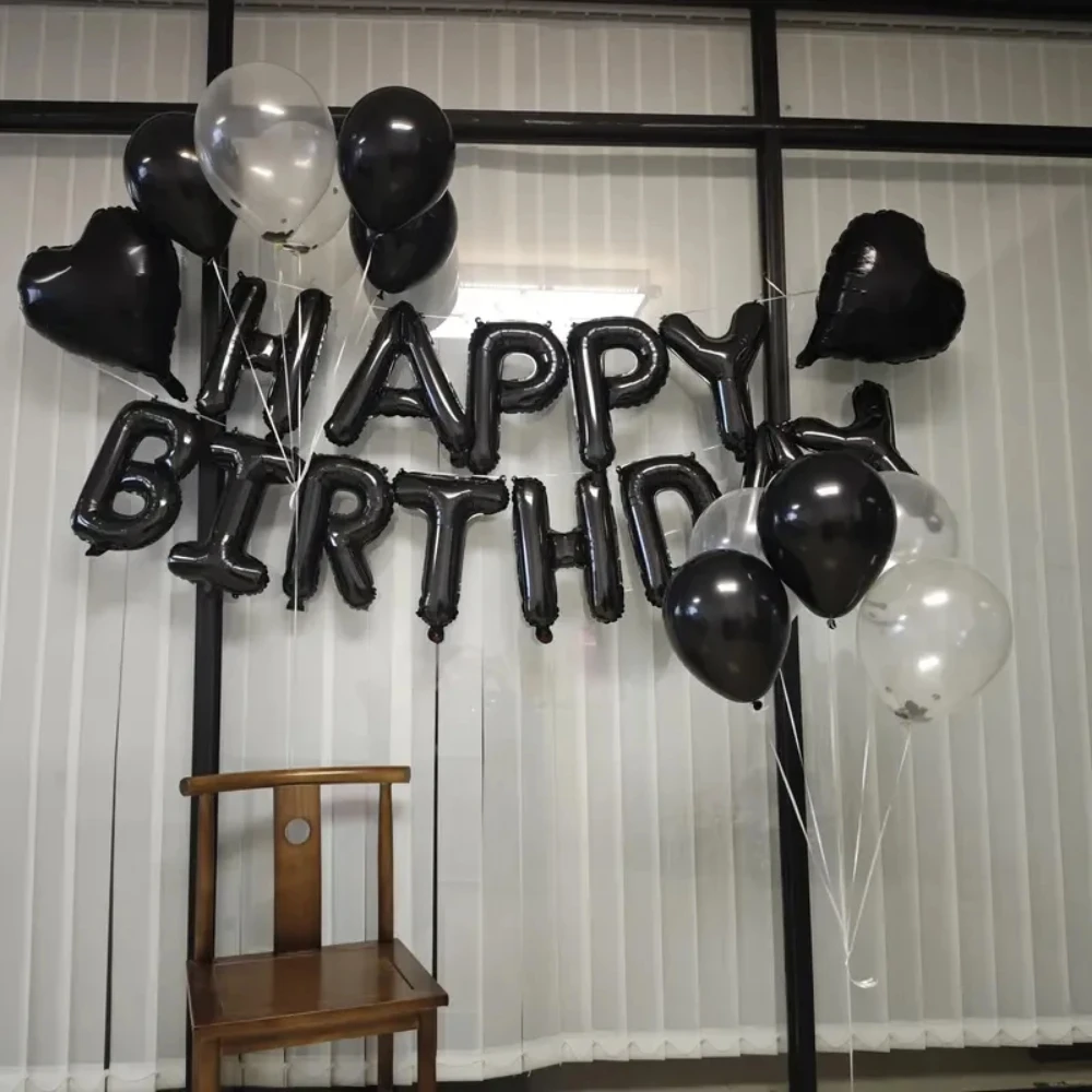 16Pcs Black Happy Birthday Party Balloon Set with Latex And Aluminum Foil Letter Balloons for Birthday Party Decoration view 4