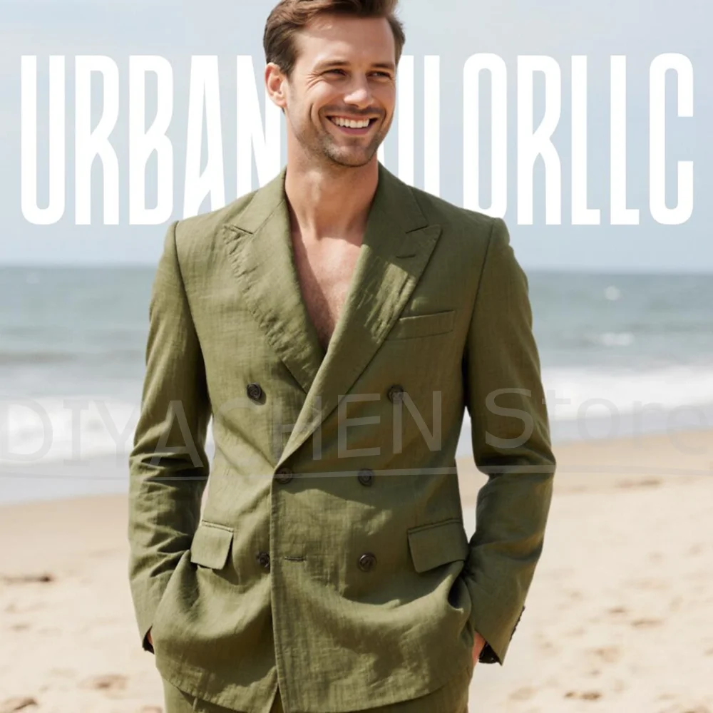 طقم بدلة كتان للرجال موضة مزدوجة الصدر ذروة طية صدر السترة ملابس رسمية لحفلات الزفاف والأعمال بدلة رجالية غير رسمية قطعتين