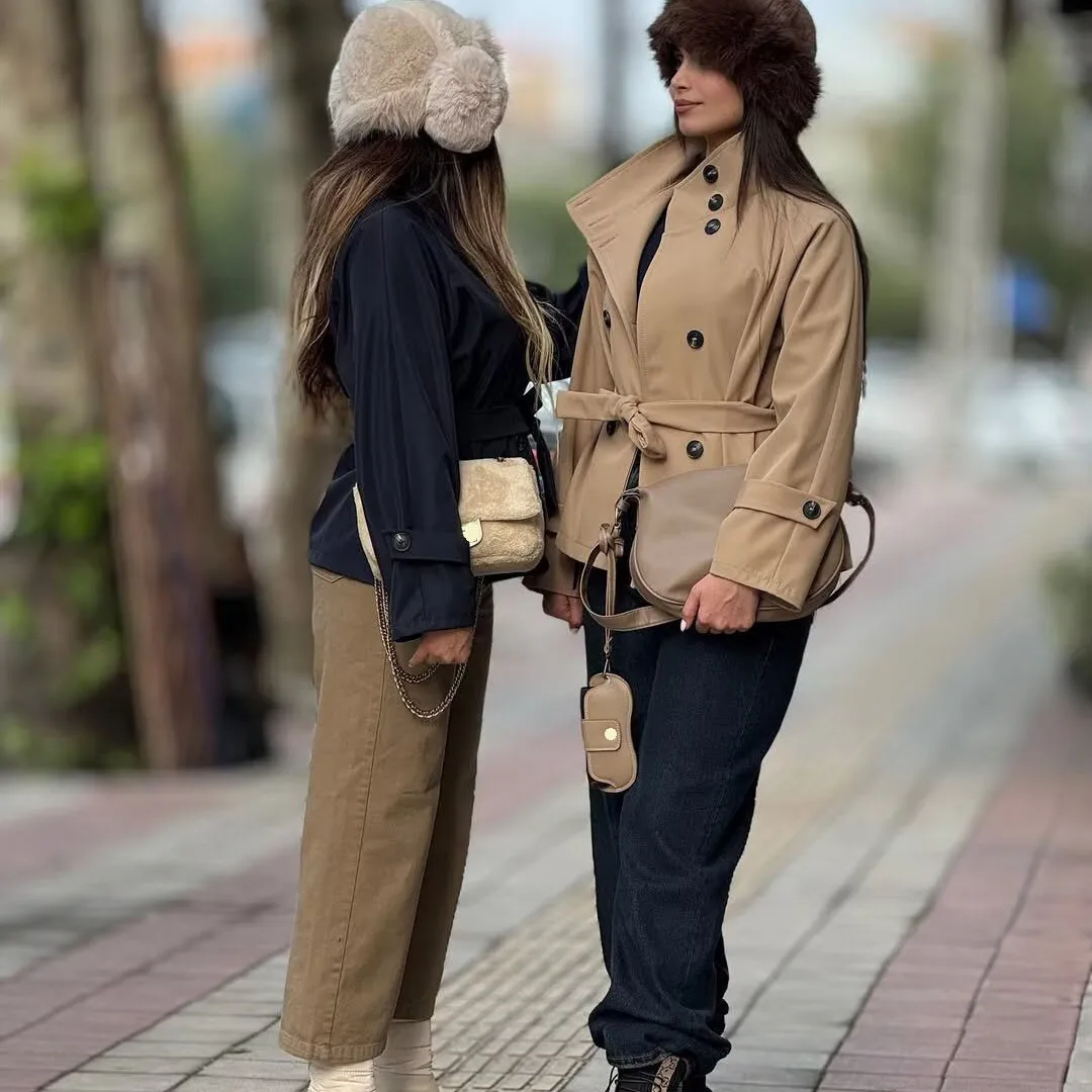 Faionable Women's Autumn Winter Coat Double Row Button Belted ZR Sle Versatile ort Outerwear Polyester Fiber Warmth