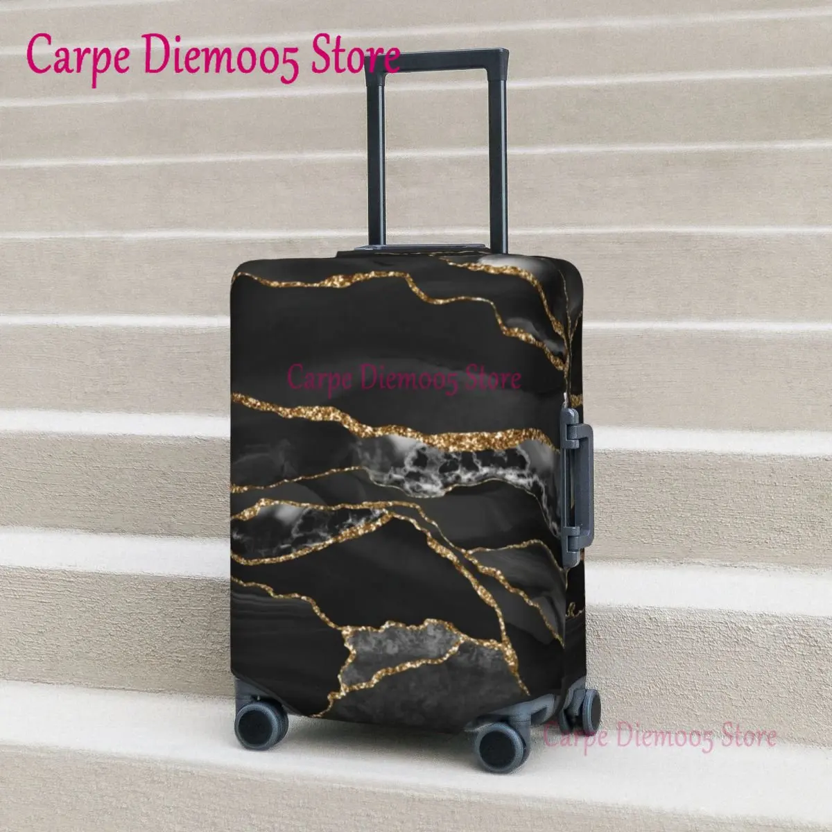 

Glitter Marble Suitcase Cover Black and Gold Marbles Elastic Cruise Trip Protection Luggage Case Flight