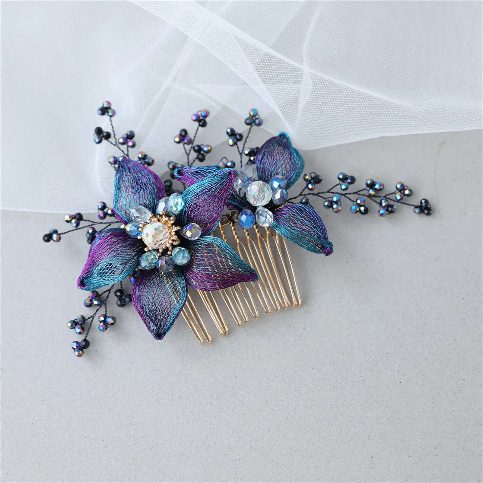

Temperament Elegant Handmade Flower Hair Comb Blue Floral Rhinestone Designs Hair Clips Vintage Side Headwear Bride Headdress