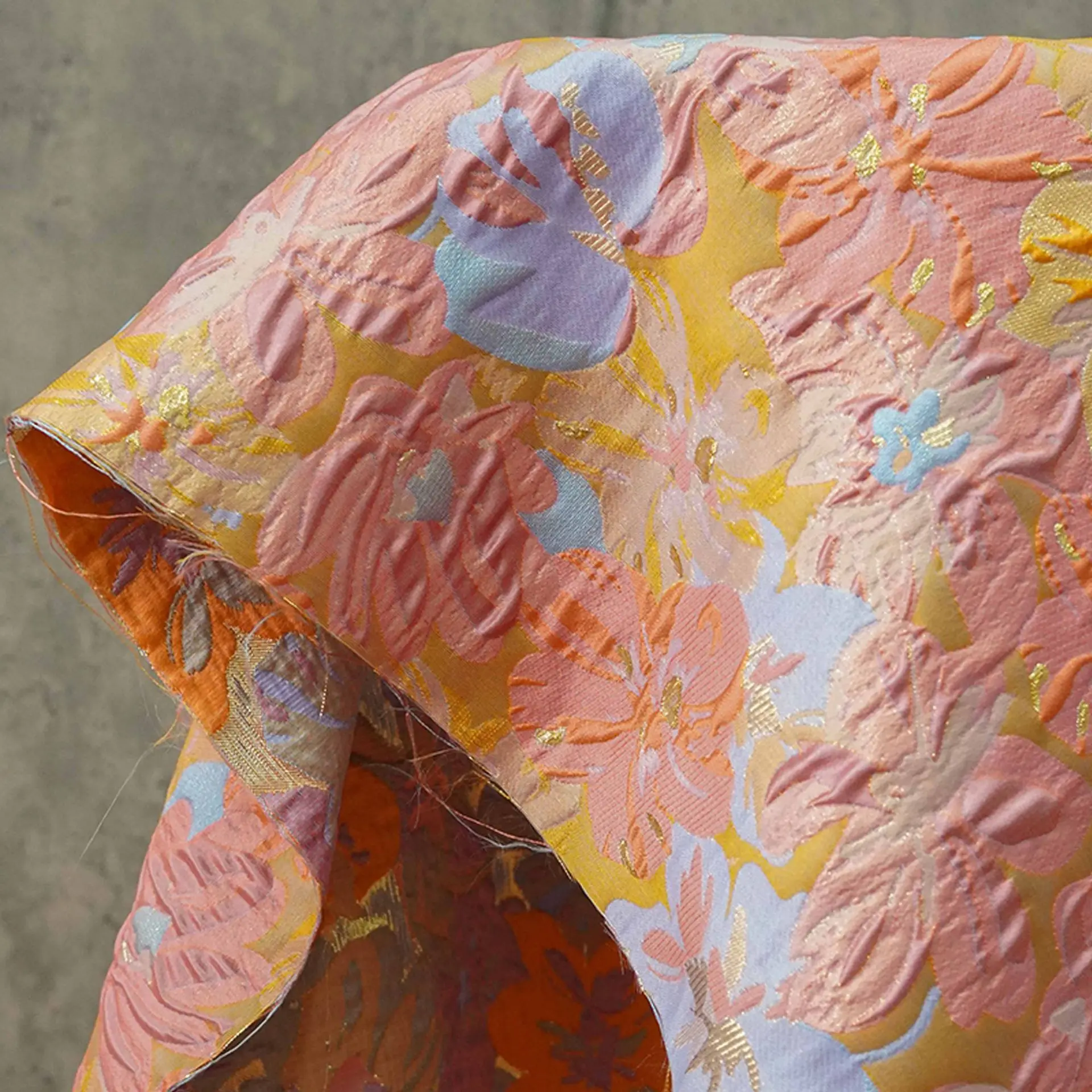 

Woven Embossed Pink and Blue Flower Jacquard Fabric Puffy Dress Gown Coat Bag Diy Sewing Fabric
